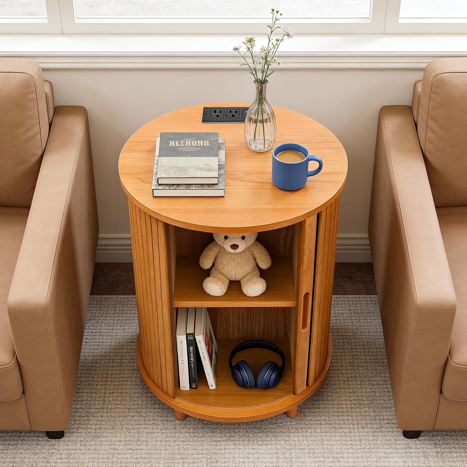 Fluted Round Side Table Charging Station Yellow Walnut
