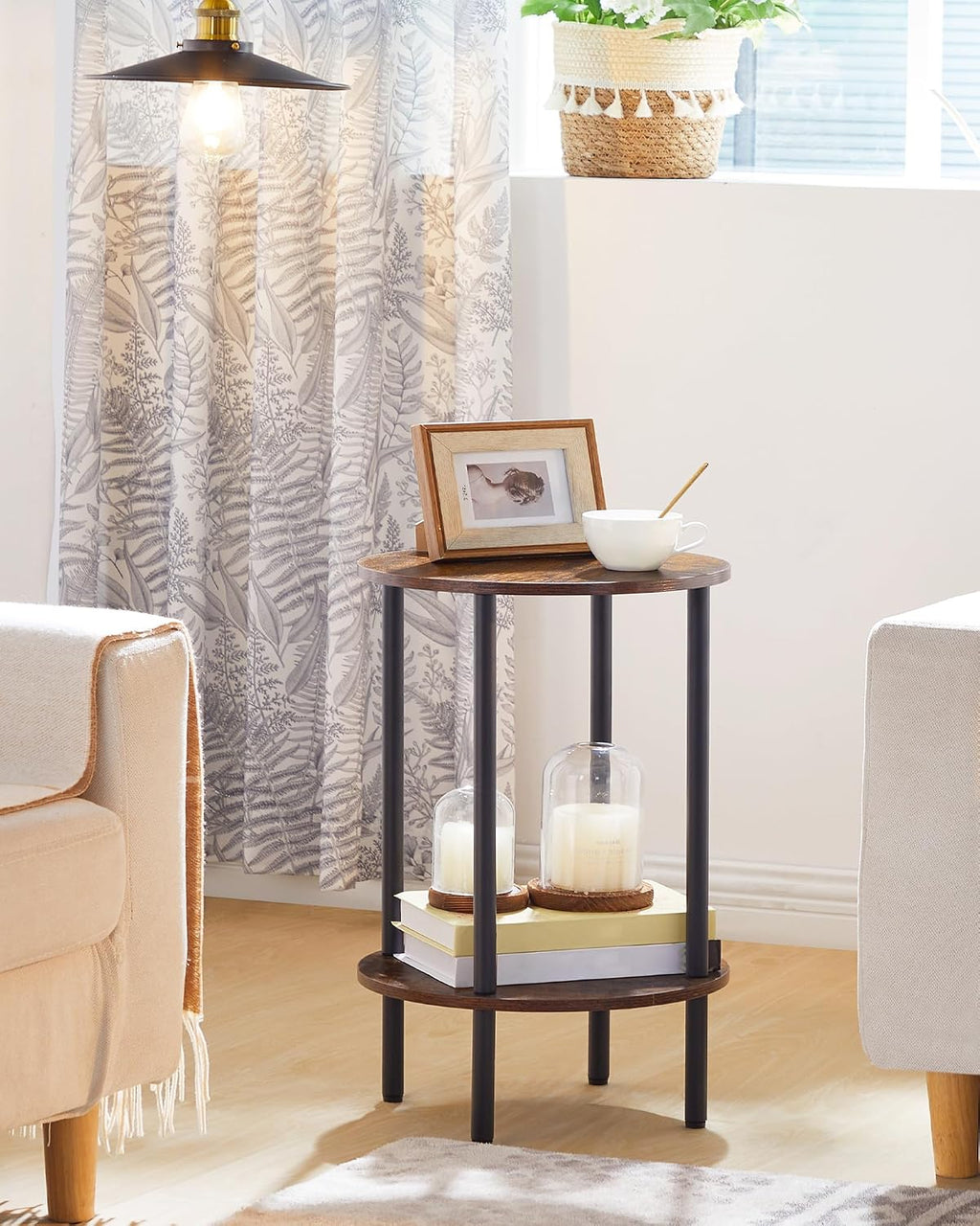 2-Tier Round Metal Frame Side Table Rustic Brown