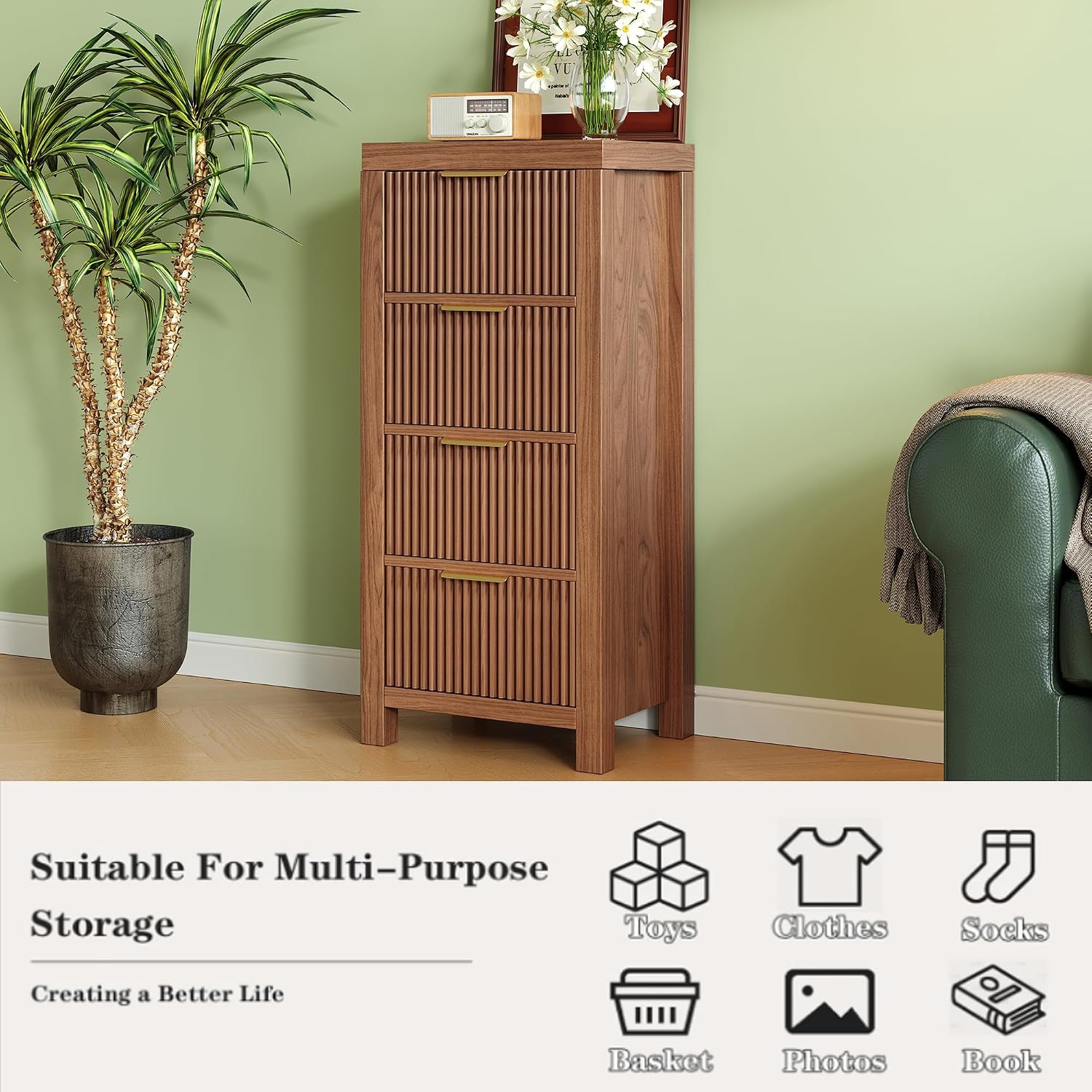 Mid-Century 4-Drawer Walnut Tall Dresser