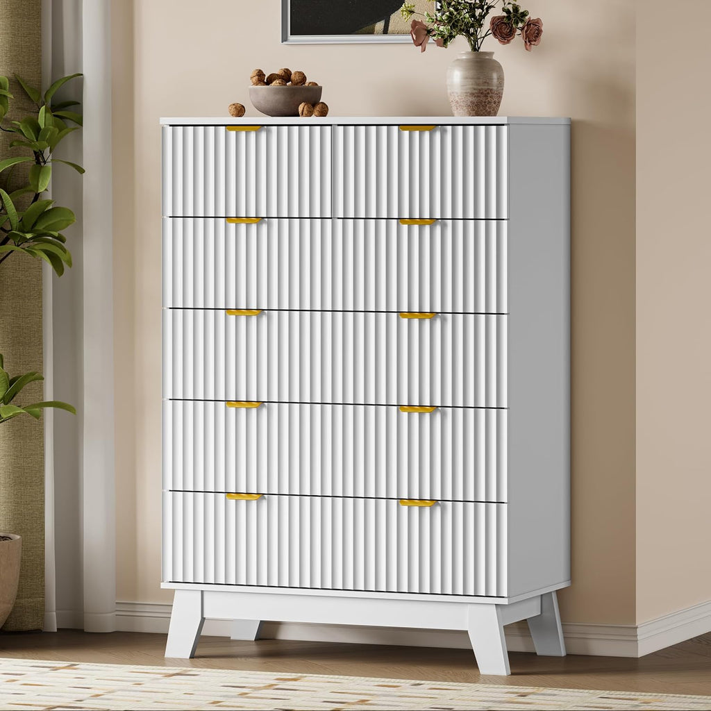 Fluted 6-Drawer Wooden Tall Dresser