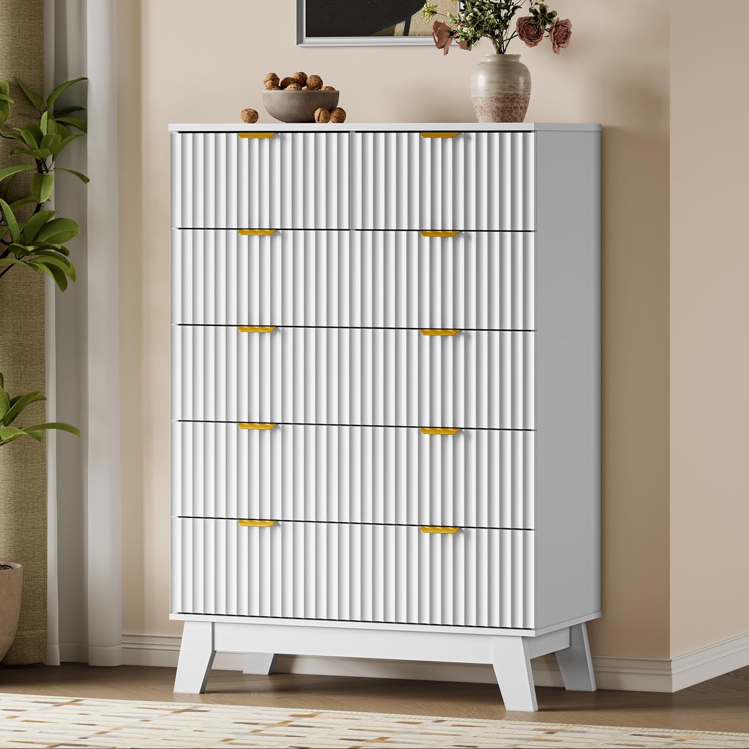 Fluted 6-Drawer Wooden Tall Dresser