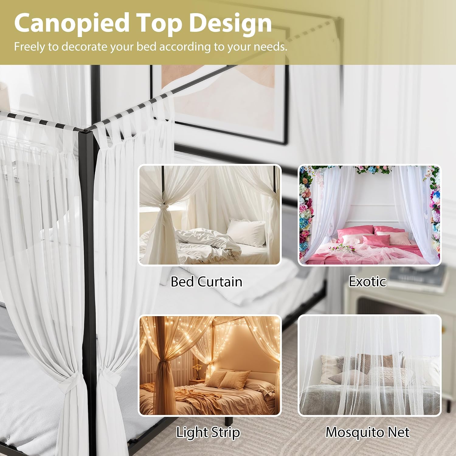 Queen Black Metal Canopy Bed Frame with Headboard
