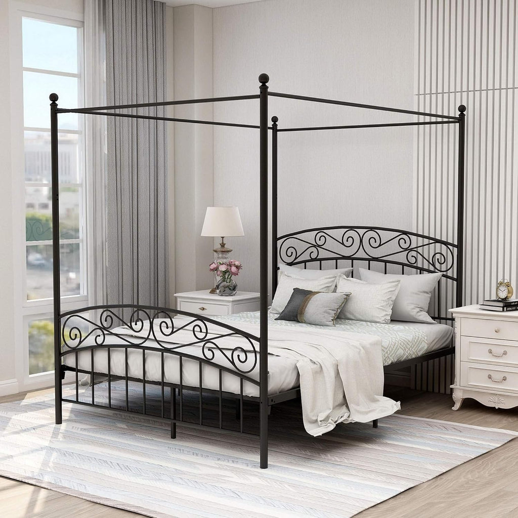 Queen Black Four Poster Metal Canopy Bed Frame