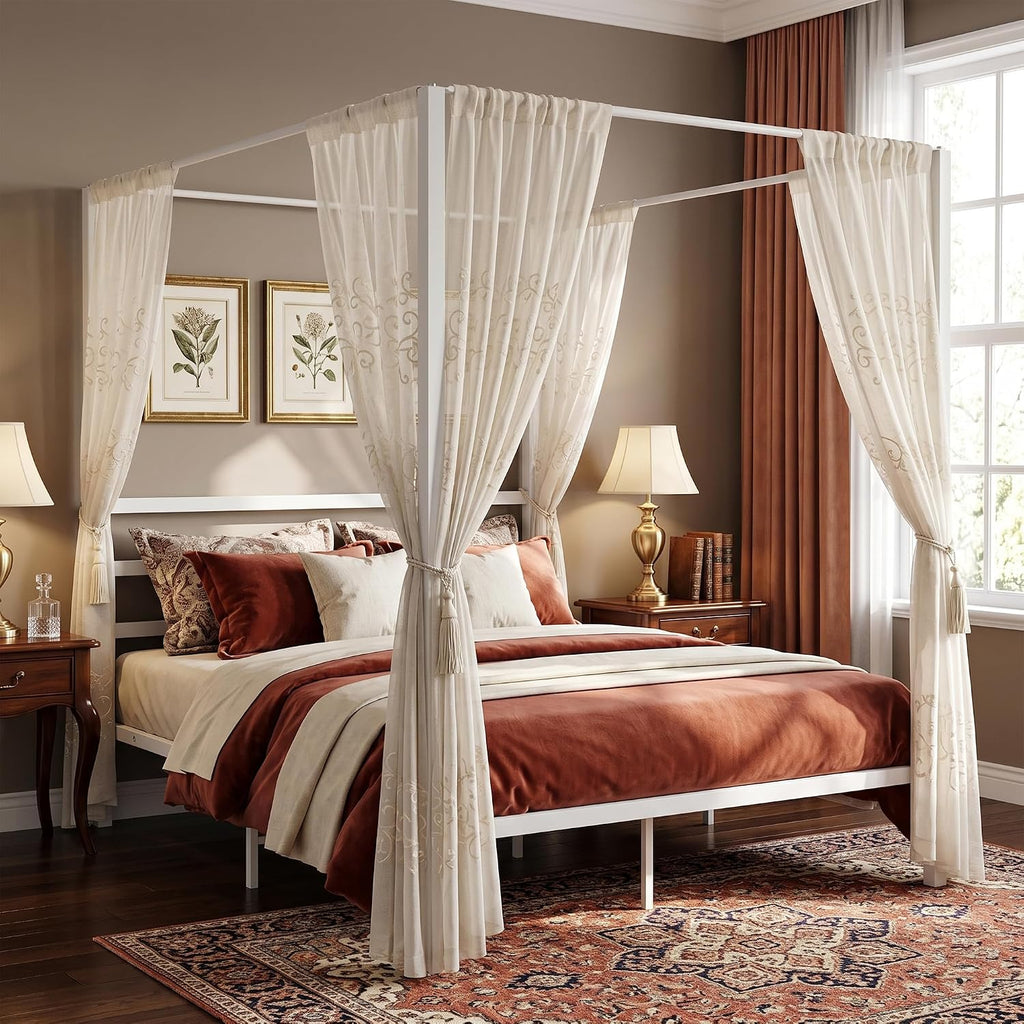 Full Size White Metal Canopy Bed Frame