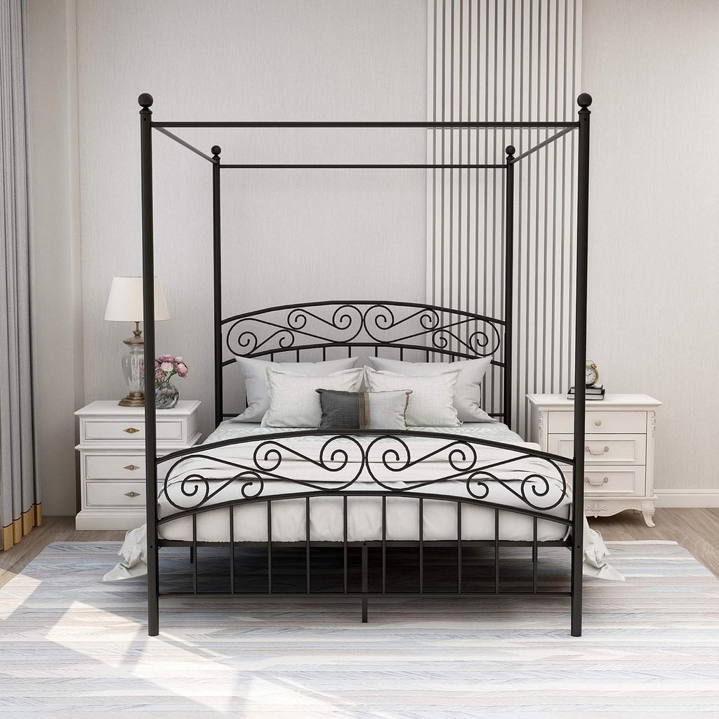 Queen Black Four Poster Metal Canopy Bed Frame
