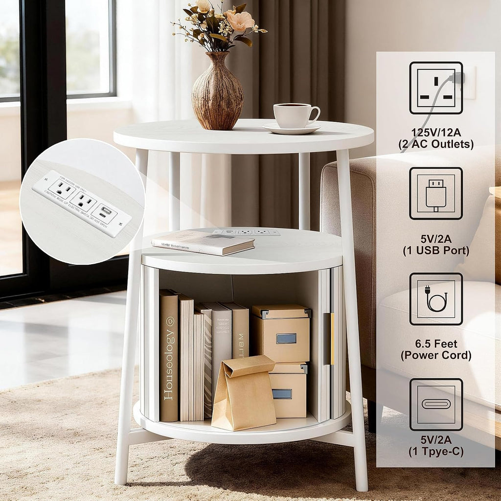 Fluted Round Side Table Sliding Door White