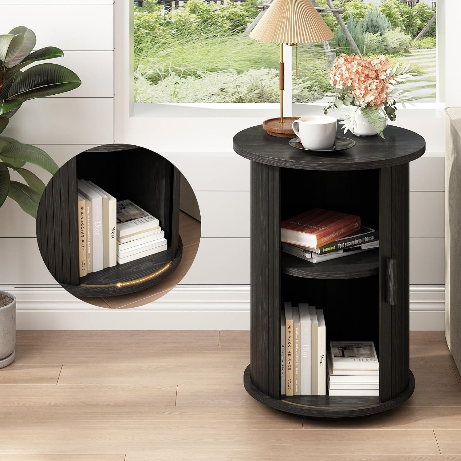 2-Tier Fluted Round Pedestal Side Table Black