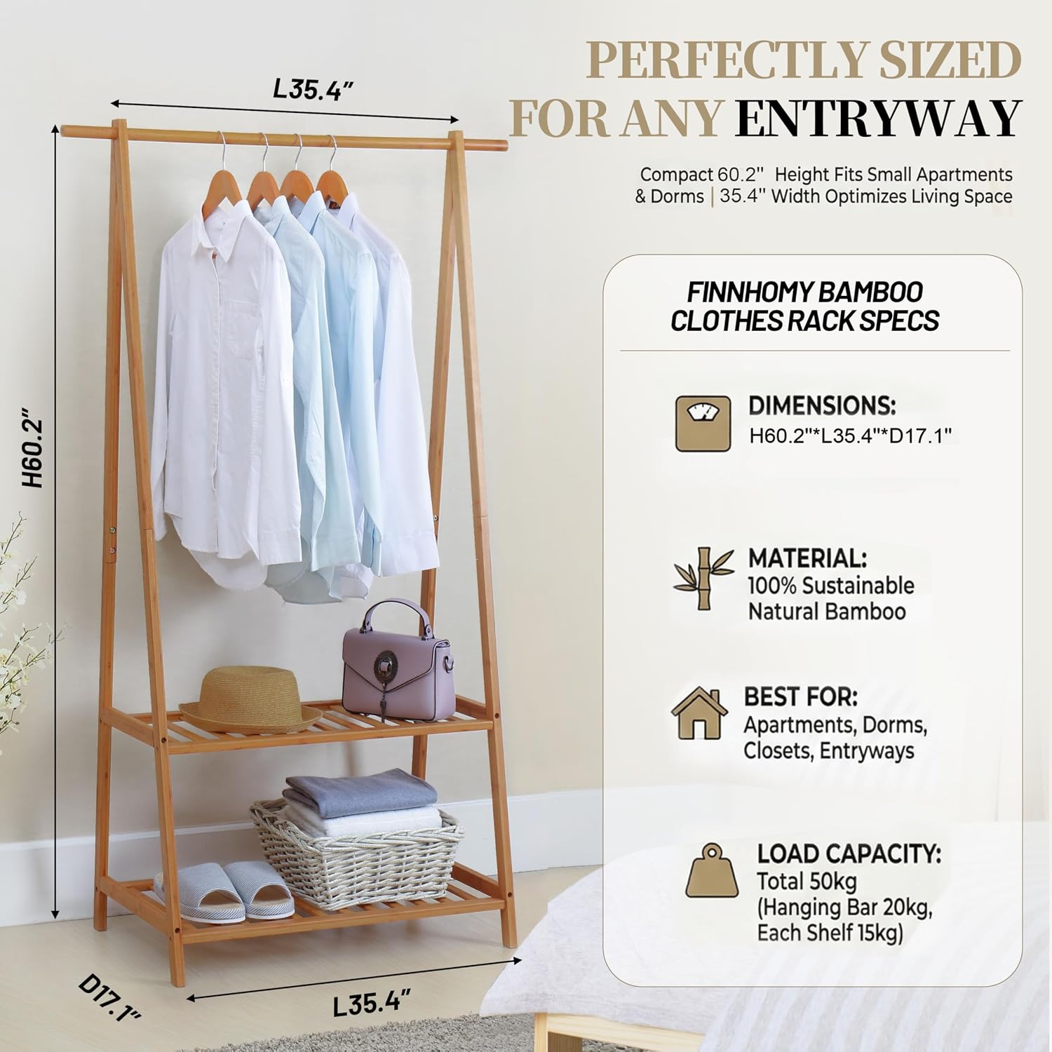 Bamboo Garment Rack with Storage Shelves