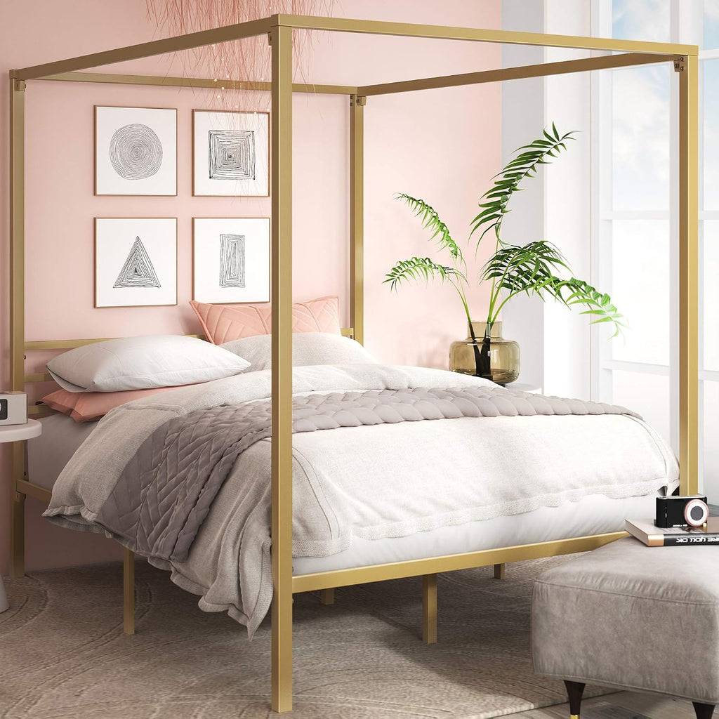 Queen Gold Metal Canopy Platform Bed Frame