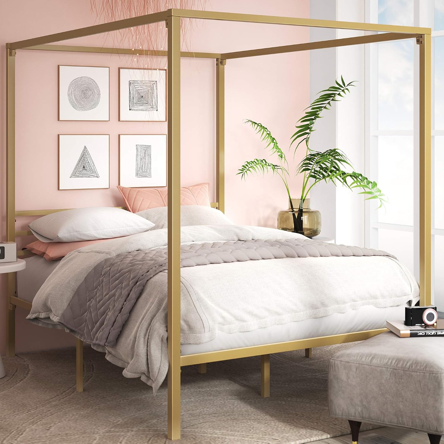 Queen Gold Metal Canopy Platform Bed Frame