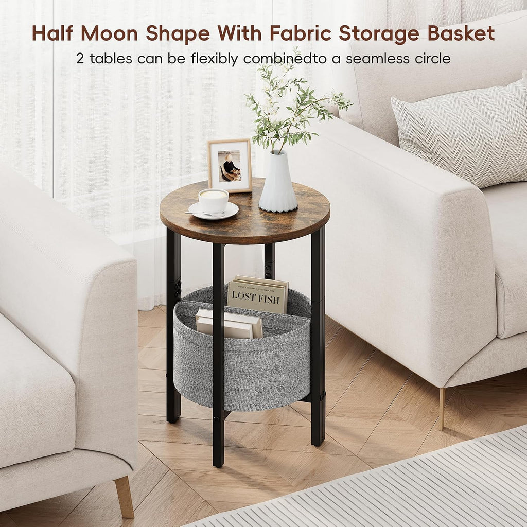 Half Moon Side Table Set with Storage Basket Brown