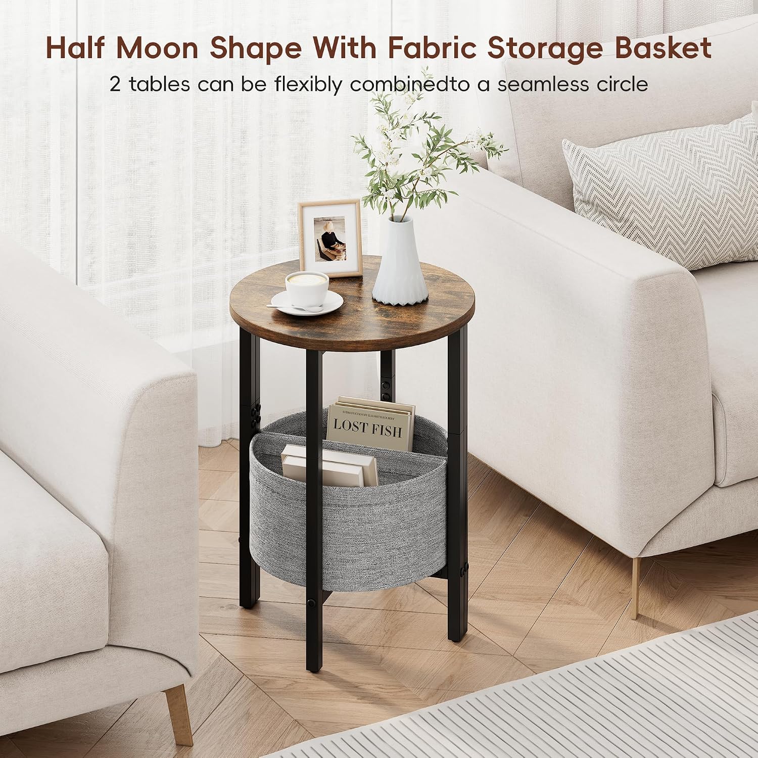 Half Moon Side Table Set with Storage Basket Brown