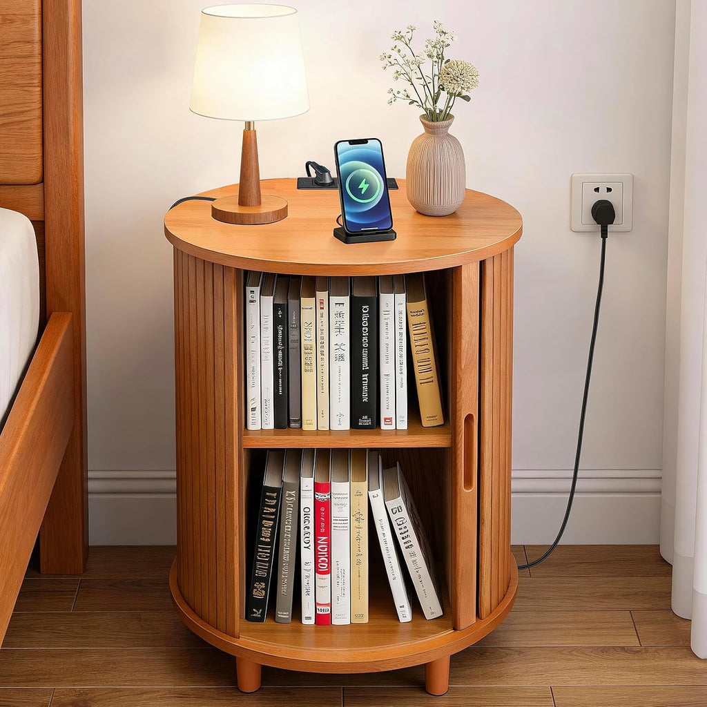 Fluted Round Side Table Charging Station Yellow Walnut
