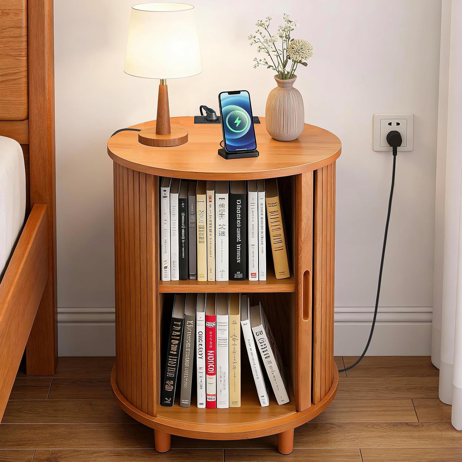 Fluted Round Side Table Charging Station Yellow Walnut