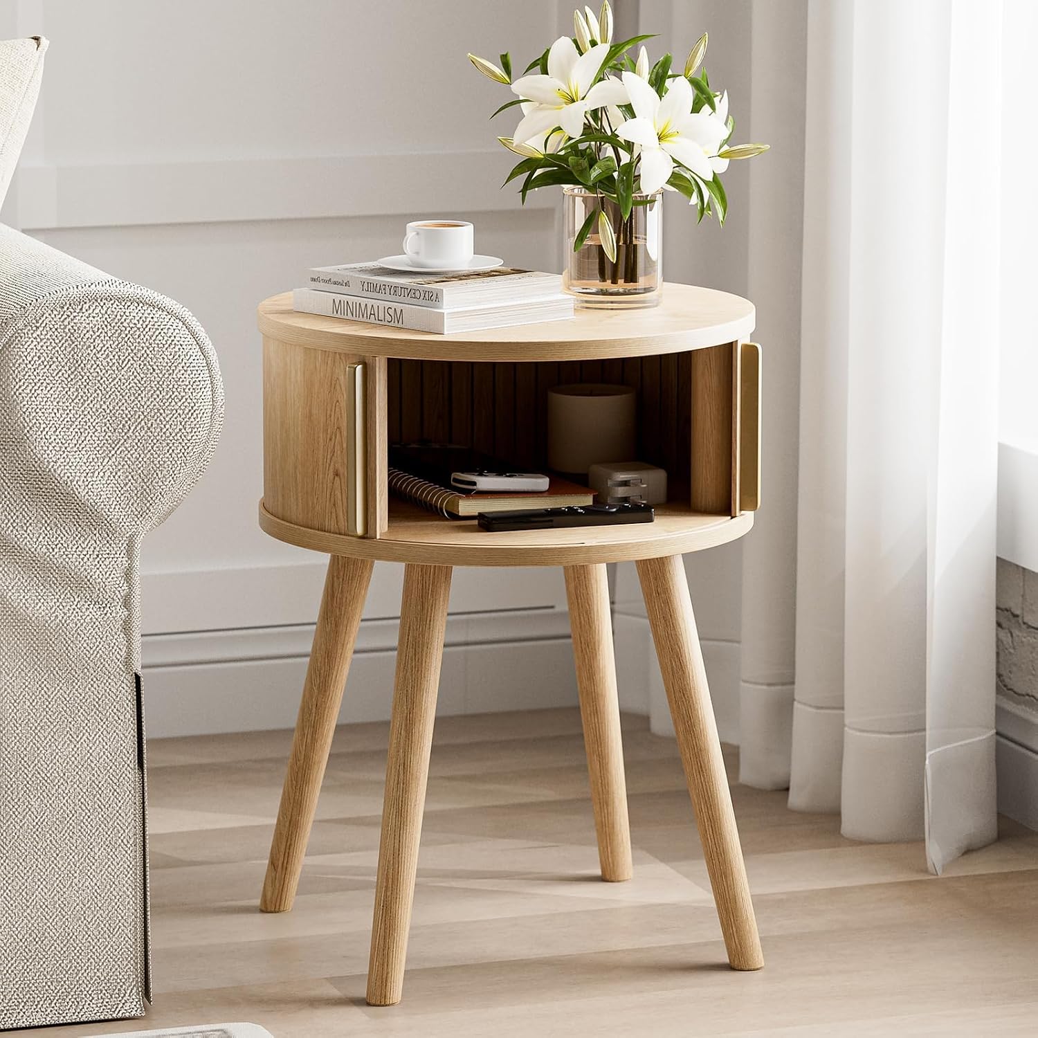 Round Side Table Sliding Doors Natural Wood