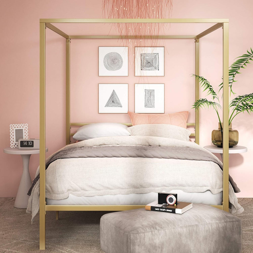 Queen Gold Metal Canopy Platform Bed Frame