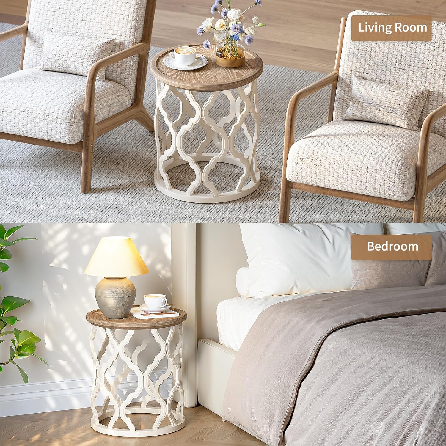 Farmhouse Round Tray Top Side Table Beige
