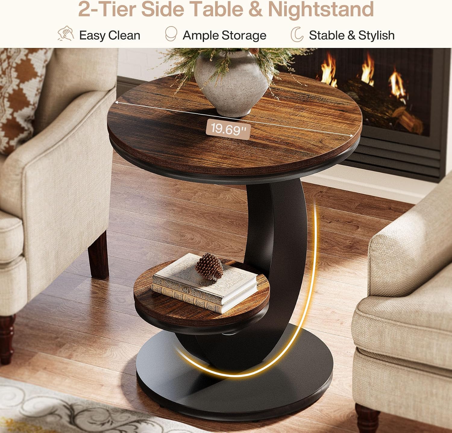 2-Tier Round Arc Frame Side Table Brown