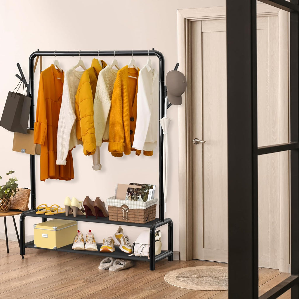 Freestanding Garment Rack with Fabric Shelves Black