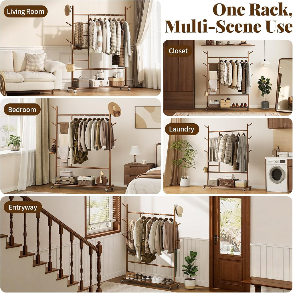 Wood Rolling Garment Rack with Storage