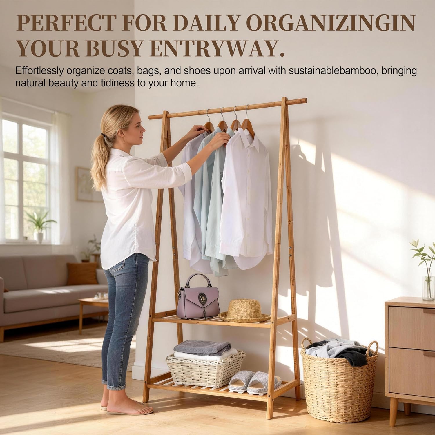 Bamboo Garment Rack with Storage Shelves