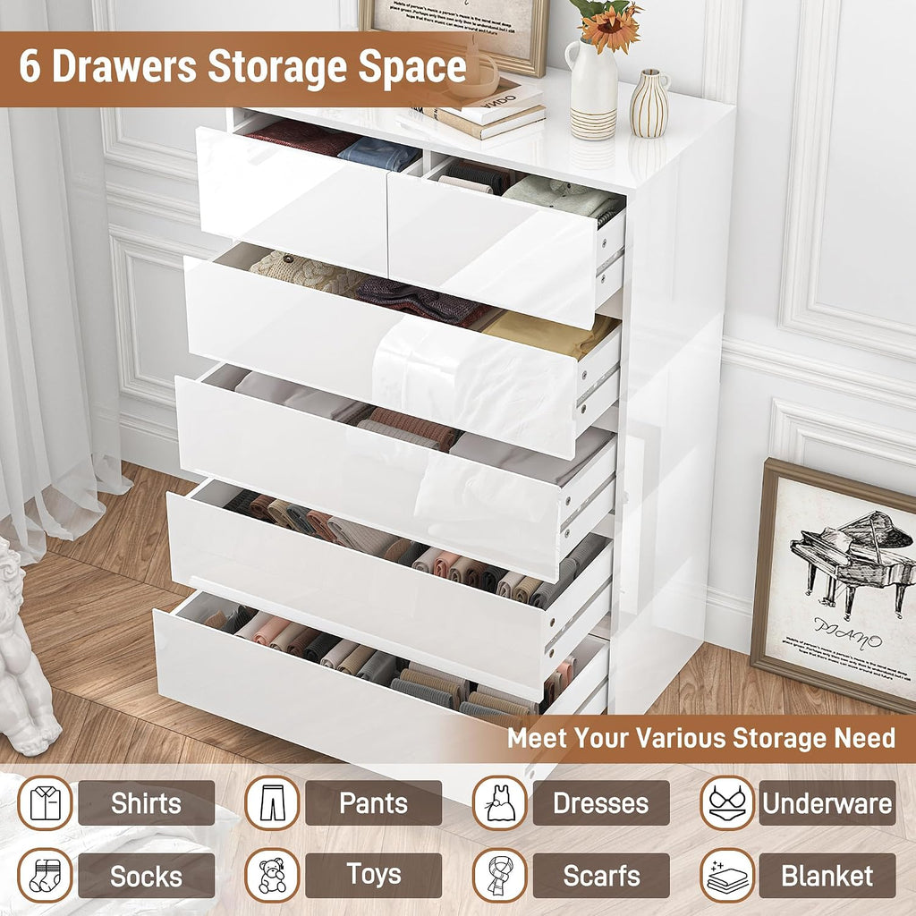 High Gloss Handleless 6-Drawer White Dresser