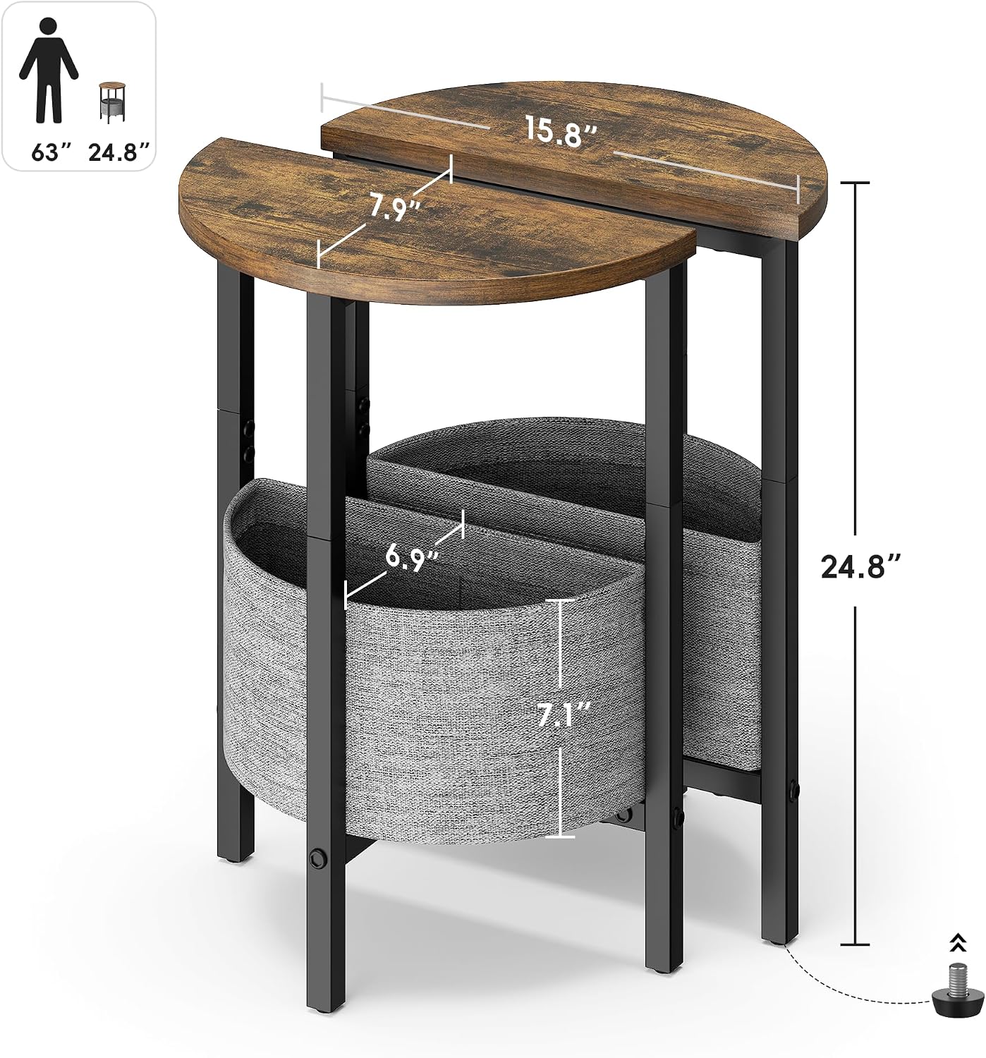 Half Moon Side Table Set with Storage Basket Brown