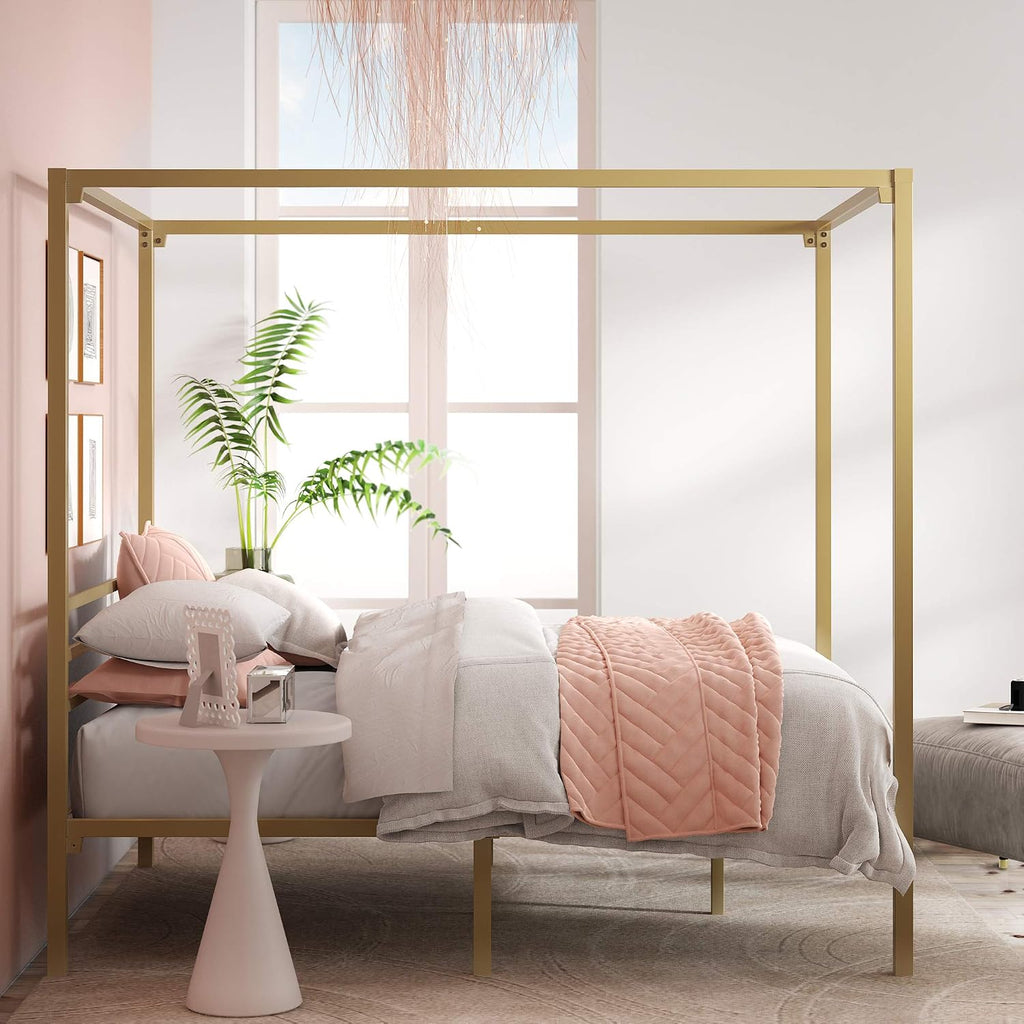 Queen Gold Metal Canopy Platform Bed Frame
