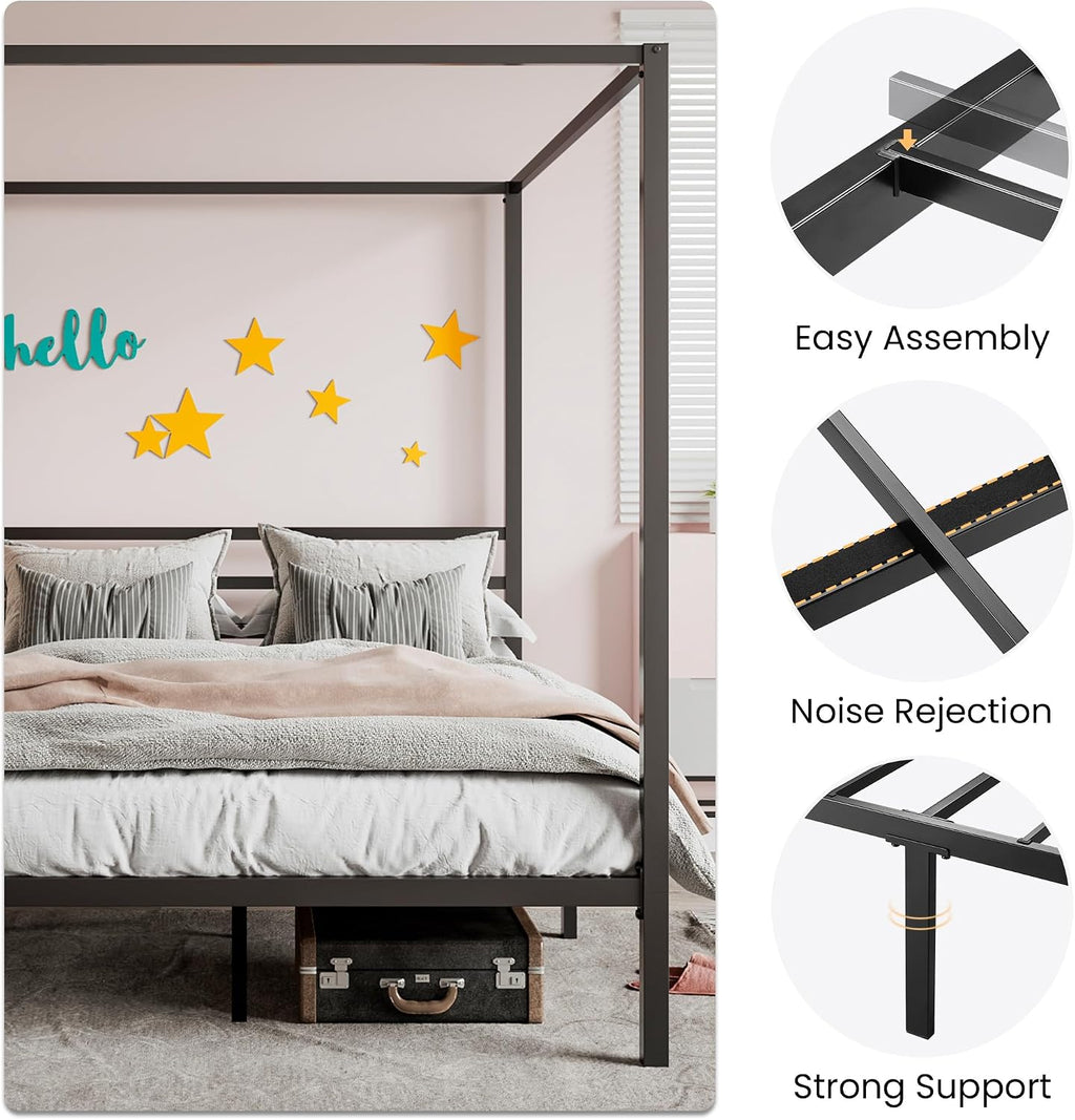 Queen Black Metal Four Poster Canopy Bed Frame