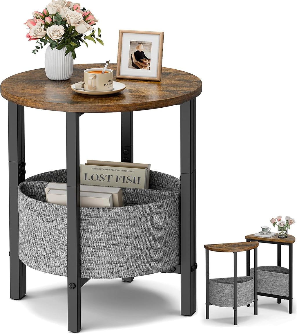 Half Moon Side Table Set with Storage Basket Brown
