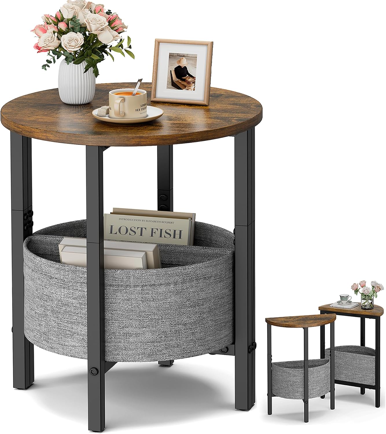 Half Moon Side Table Set with Storage Basket Brown