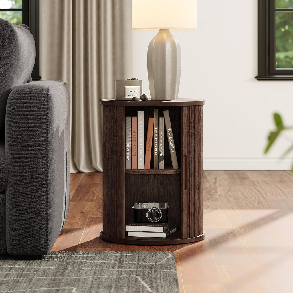 Fluted Round Side Table Tambour Door Dark Walnut