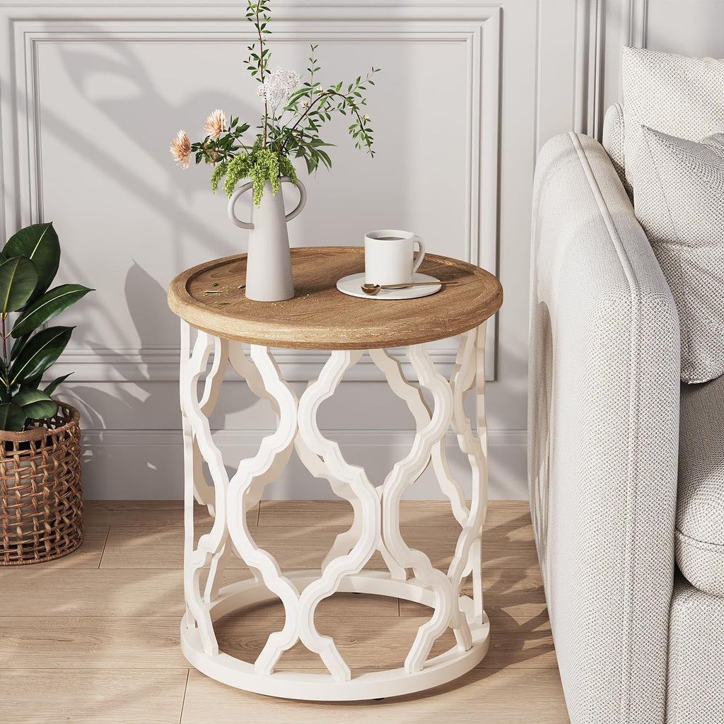 Farmhouse Round Tray Top Side Table Beige