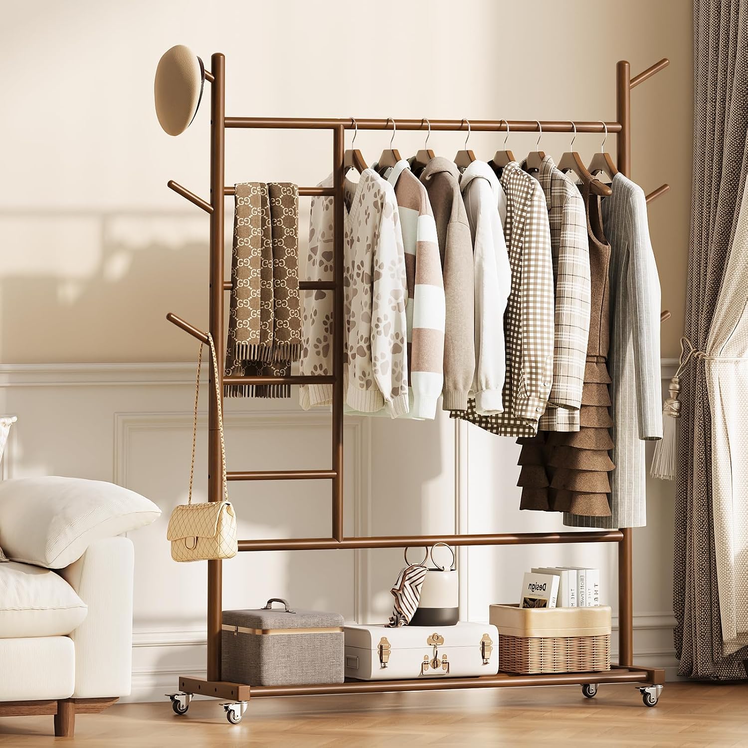 Wood Rolling Garment Rack with Storage