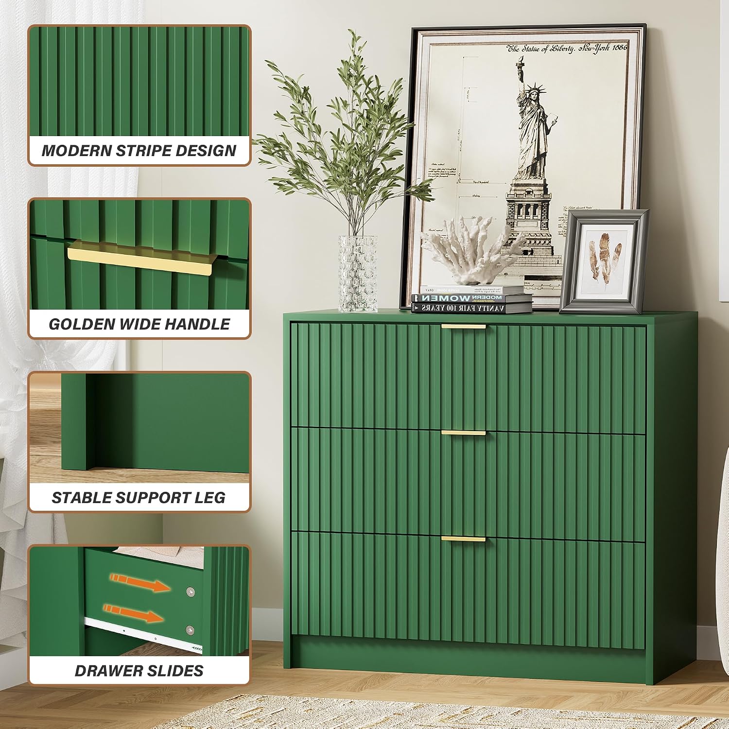 Green 3-Drawer Dresser Gold Handles