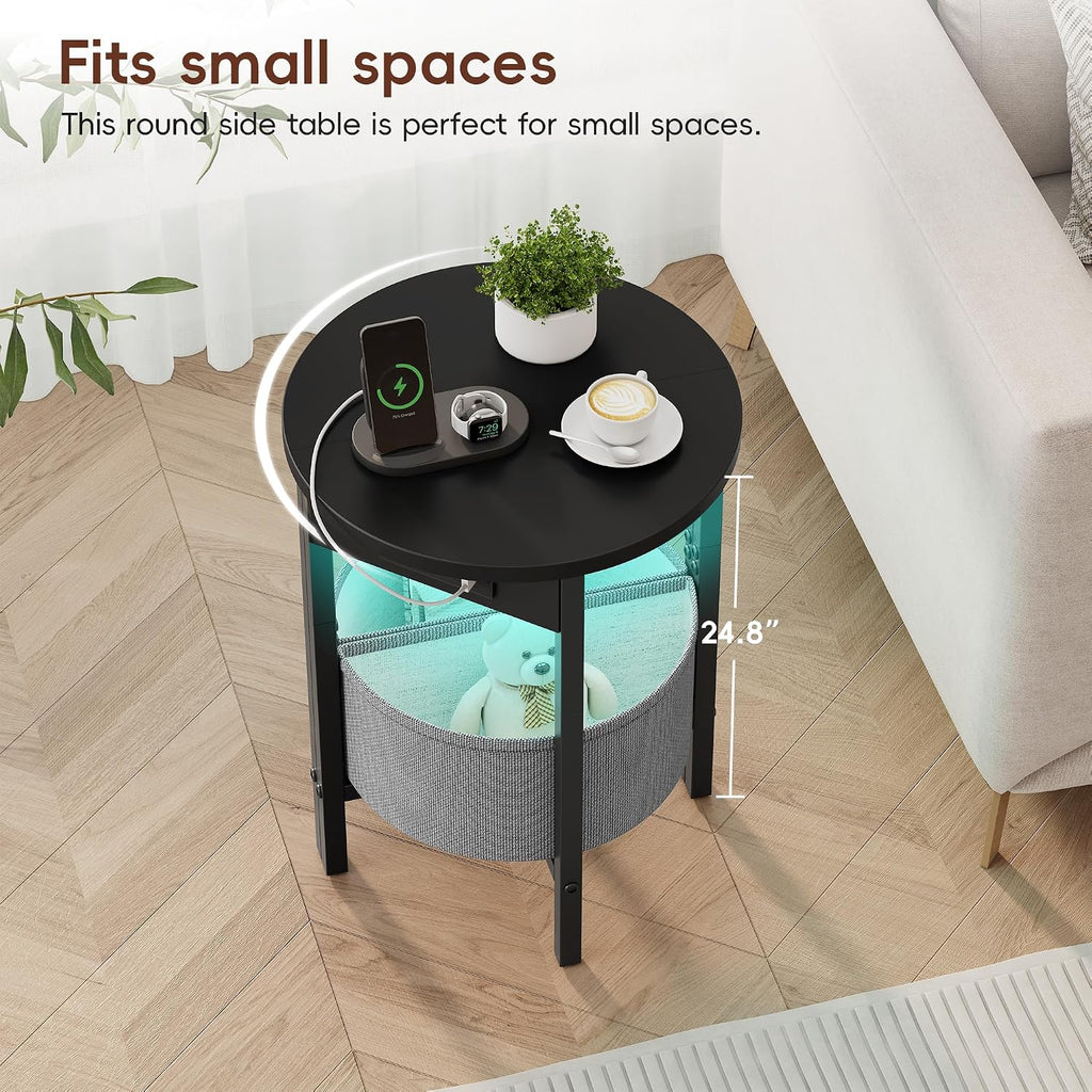 Half Moon Side Table Set with Charging Station Black