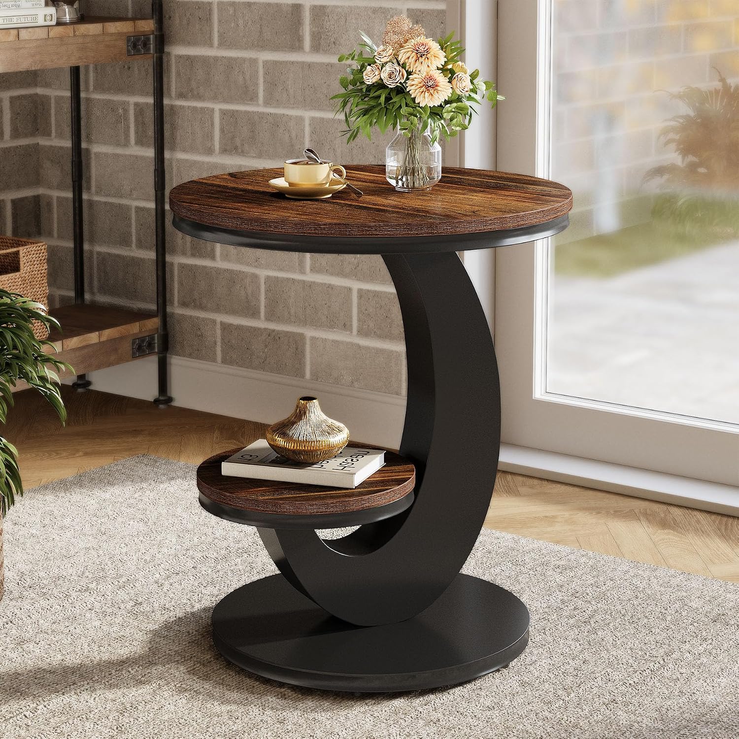 2-Tier Round Arc Frame Side Table Brown