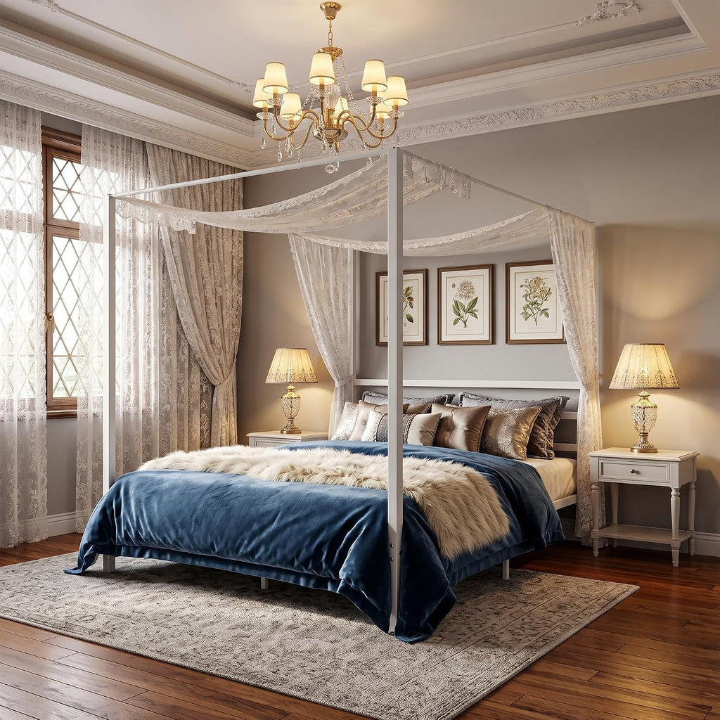 Full Size White Metal Canopy Bed Frame