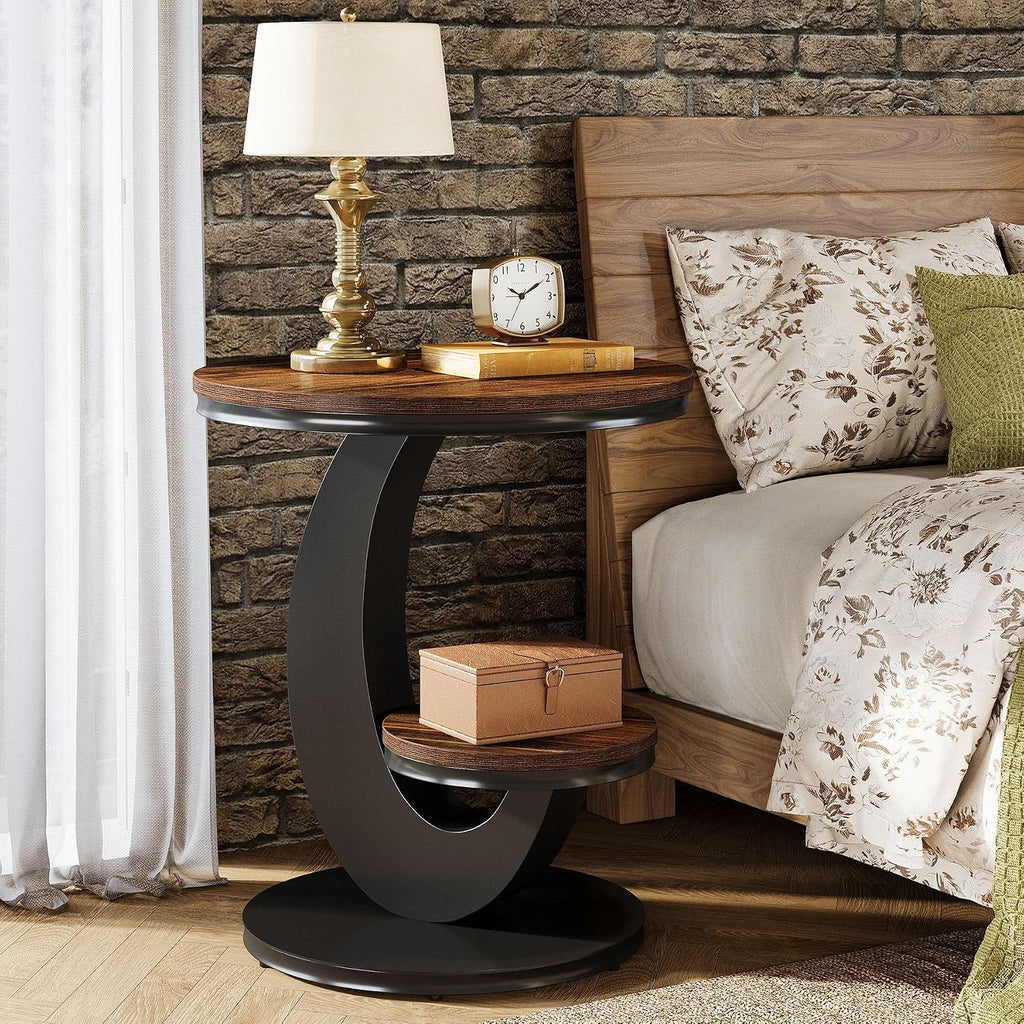 2-Tier Round Arc Frame Side Table Brown