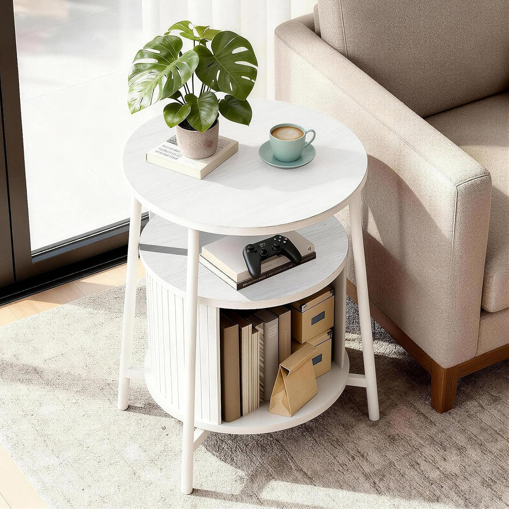 Fluted Round Side Table Sliding Door White