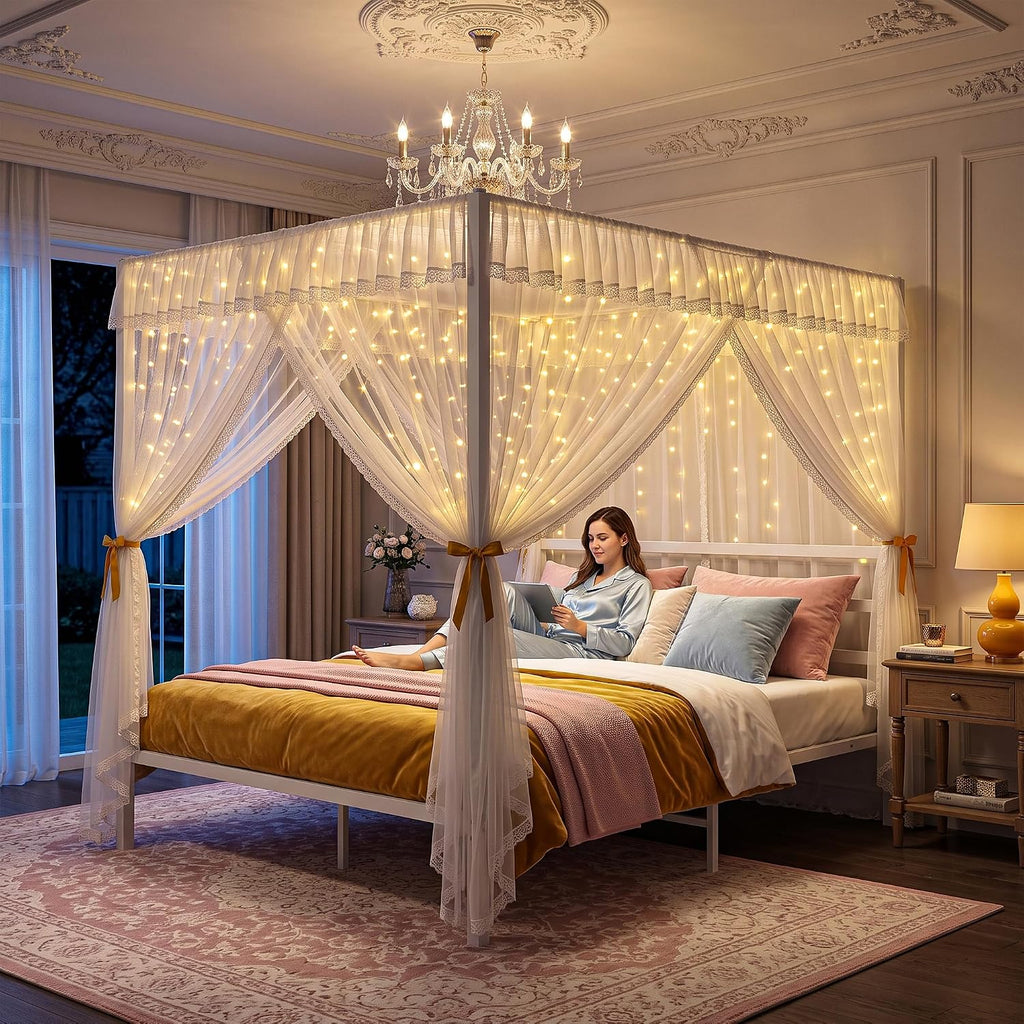 Full Size White Metal Canopy Bed Frame