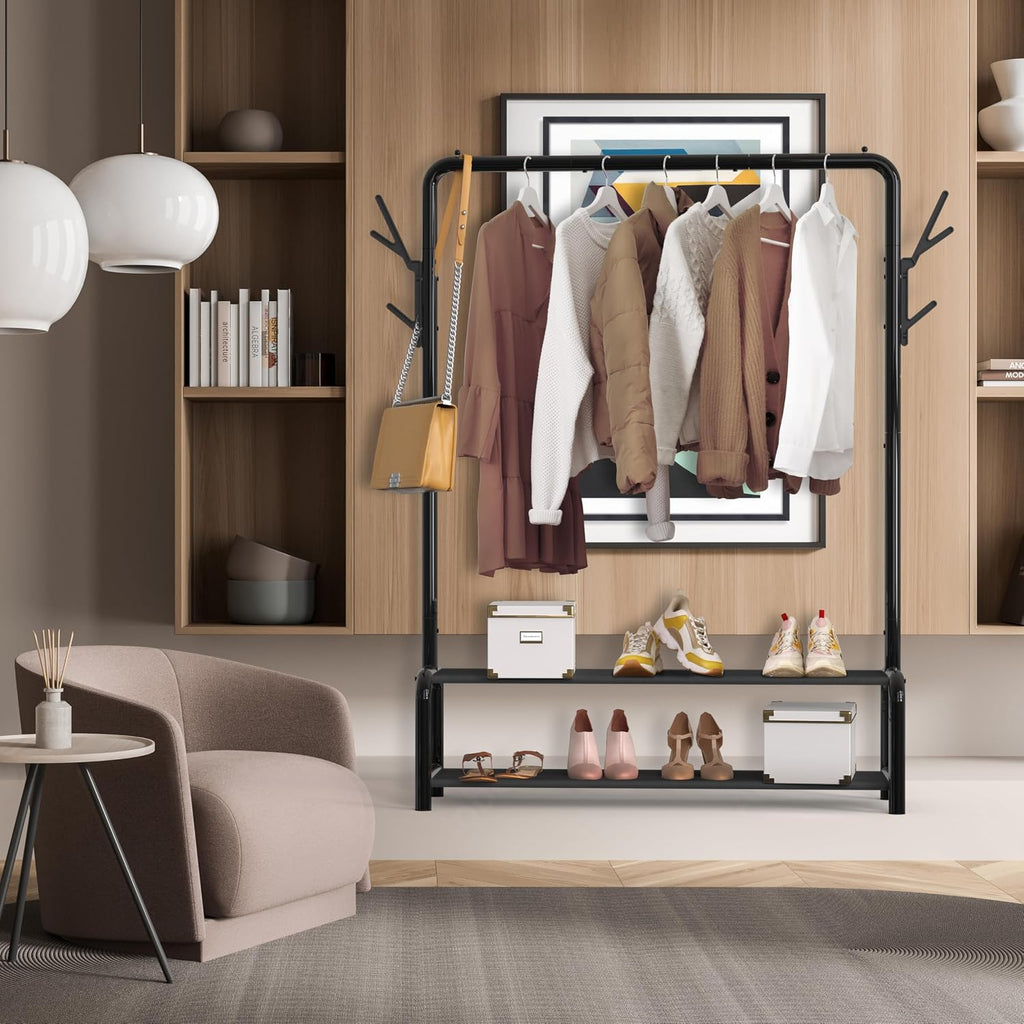 Freestanding Garment Rack with Fabric Shelves Black