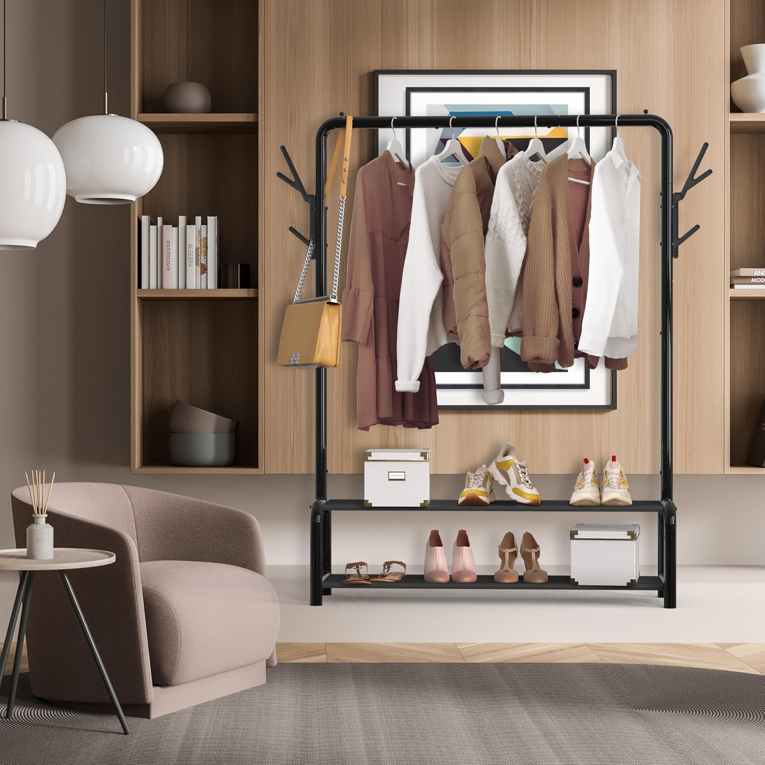Freestanding Garment Rack with Fabric Shelves Black